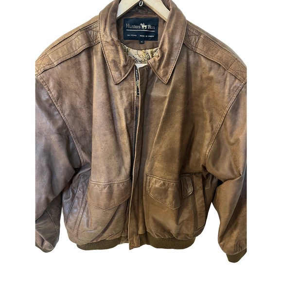 Vintage Hunters Run Leather Bomber Jacket Men's Brown Map Lining Retro